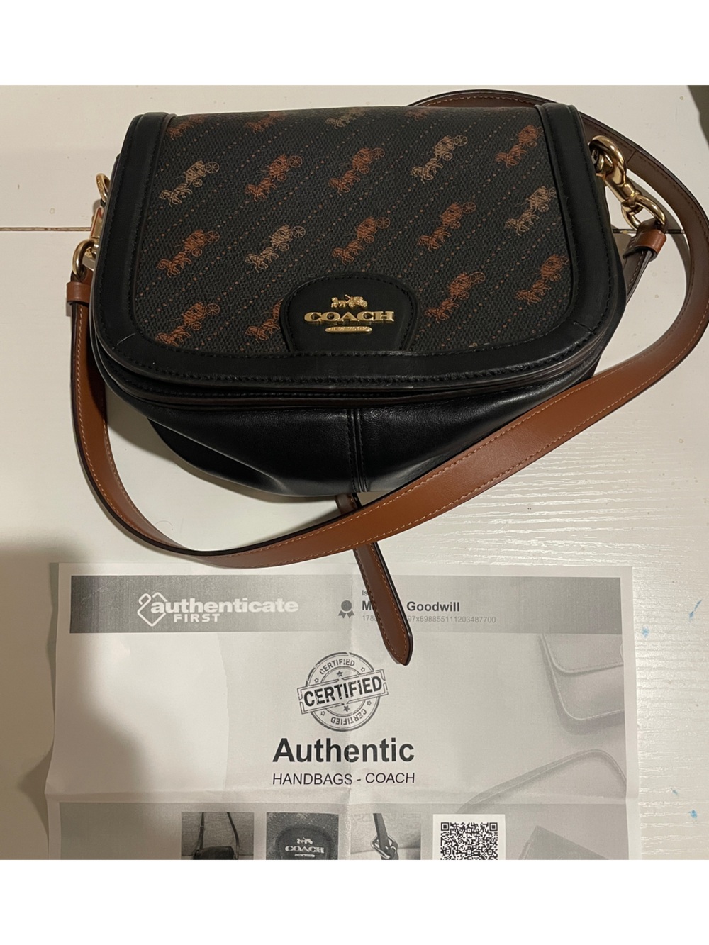 Coach Black Leather Crossbody with Brown Strap and Signature Logo